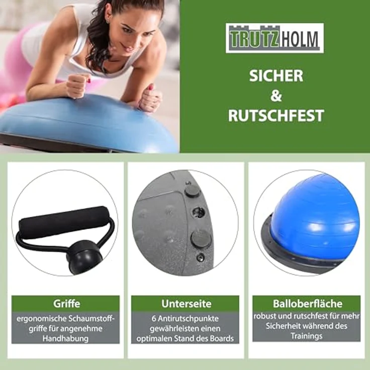 TRUTZHOLM Balancetrainer Yoga Half Ball mit Widerstandsbändern, ø 60cm, blau, max. 158kg belastbar, rutschfest und umkehrbar – Bild 4