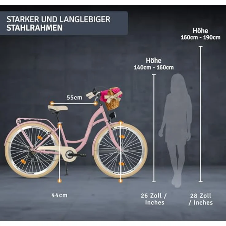 Milordbikes City-Fahrrad, Pink und Creme, 46 cm, Metallrahmen, Freizeit- und Sportbike mit Trägersystem – Bild 3