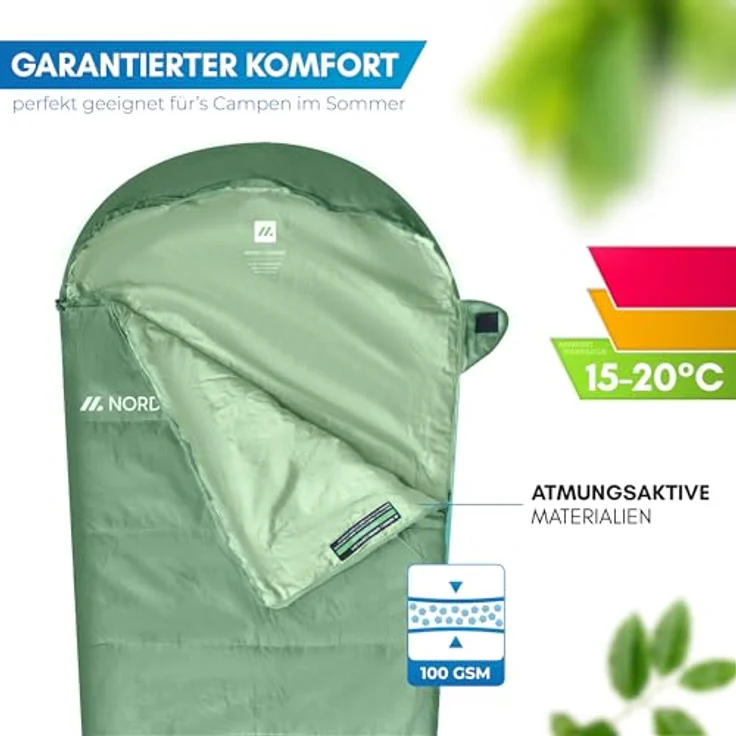 NORDMUT® Schlafsack Ultraleicht, Mumienschlafsack für Sommer (100 GSM) und 4-Jahreszeiten (300 GSM), wasserfest, ergonomisches Design, inkl. Kompressionsbeutel, Grün – Bild 4