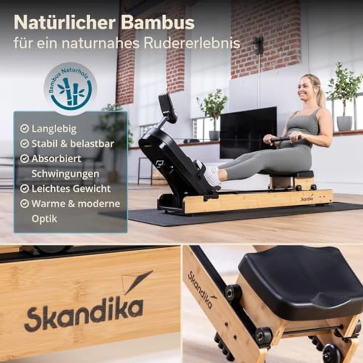 Skandika Rudergerät Rovek, klappbare Rudermaschine aus Holz mit Magnetwiderstand (32 Stufen), Kinomap App kompatibel, für Nutzer bis 195 cm, hellbraun – Bild 2