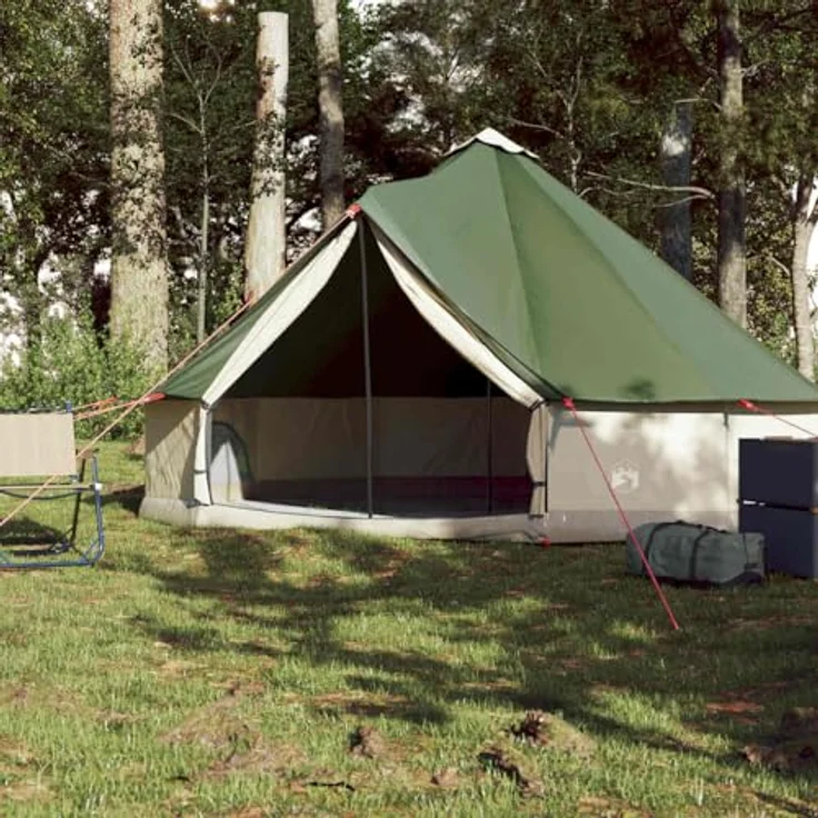 vidaXL Tipi Familienzelt 6 Personen, Wasserdichtes Campingzelt mit Netzwänden und E-Anschluss, Grün, 185T Polyester – Bild 3