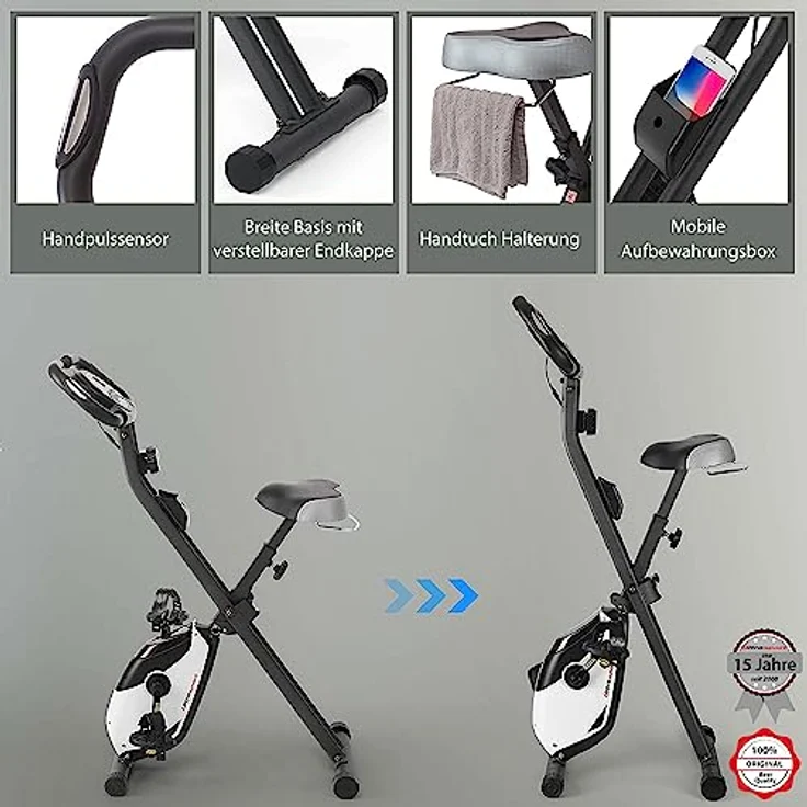 Ultrasport F-Bike Heavy, Fahrradtrainer, Fitnessfahrrad LCD Trainingscomputer, Klappbarer Hometrainer, Max. Benutzergwicht 130kg, Pulsmessung, 8 Widerstandsstufen, Handtuchhalterung, Matt schwarz – Bild 4
