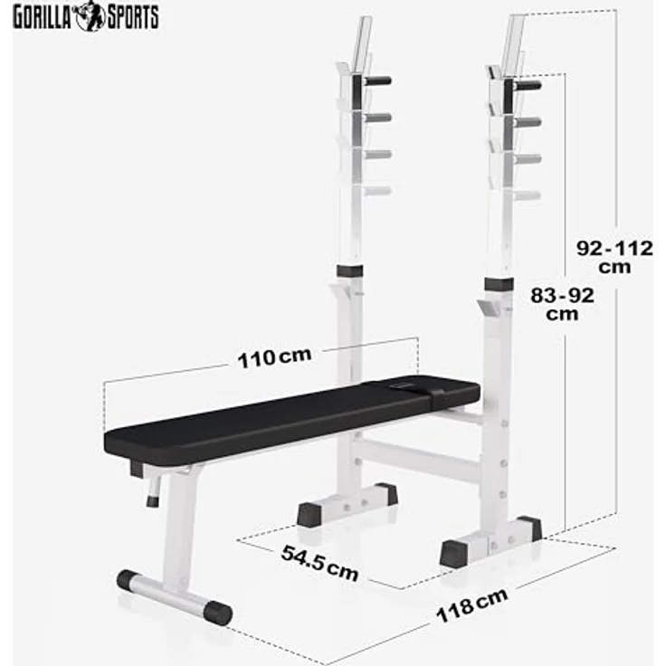 GORILLA SPORTS® Hantelbank - inkl. Hantelset 38/70/100kg, Ablage, Dip-Station, Höhenverstellbar, Klappbar, bis 200kg, Schwarz/Weiß - Trainingsbank mit Langhantelset, Drückerbank, Schrägbank, Flachbank – Bild 2