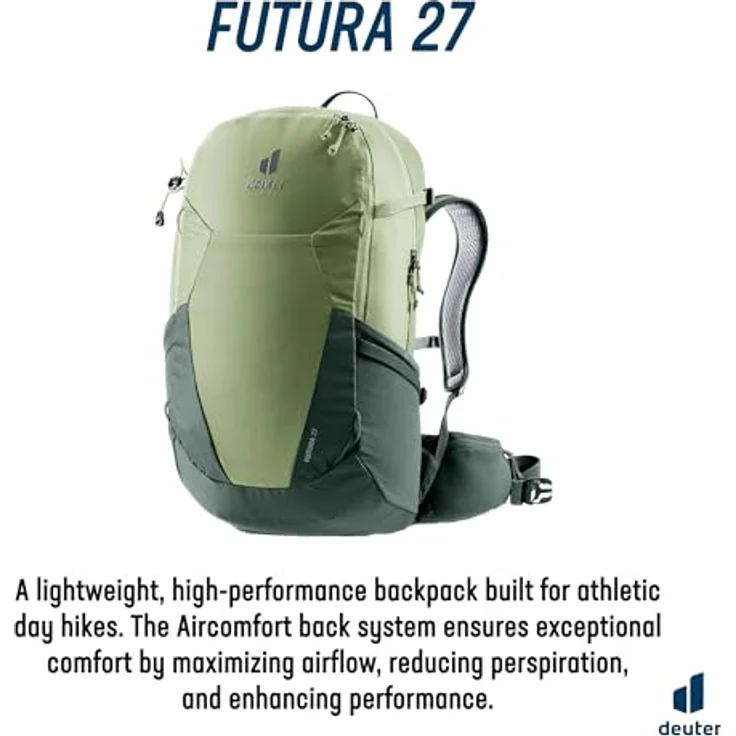 deuter Futura 27 Wanderrucksack, Aircomfort Netzrücken-System, elastischer Federstahlrahmen, Vorrichtung für Trinksystem, gepolsterte Hüftflossen, grau – Bild 2