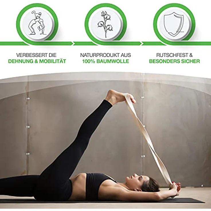 BACKLAxx® Yoga Gurt Baumwolle (natur) – Nachhaltiges Yoga Zubehör Set, Yogagurt 250 cm lang mit praktischem Verschluss aus Metall – Yoga Set ideal für Yoga, Pilates und Dehnen inkl. Anwendungsvideos – Bild 2