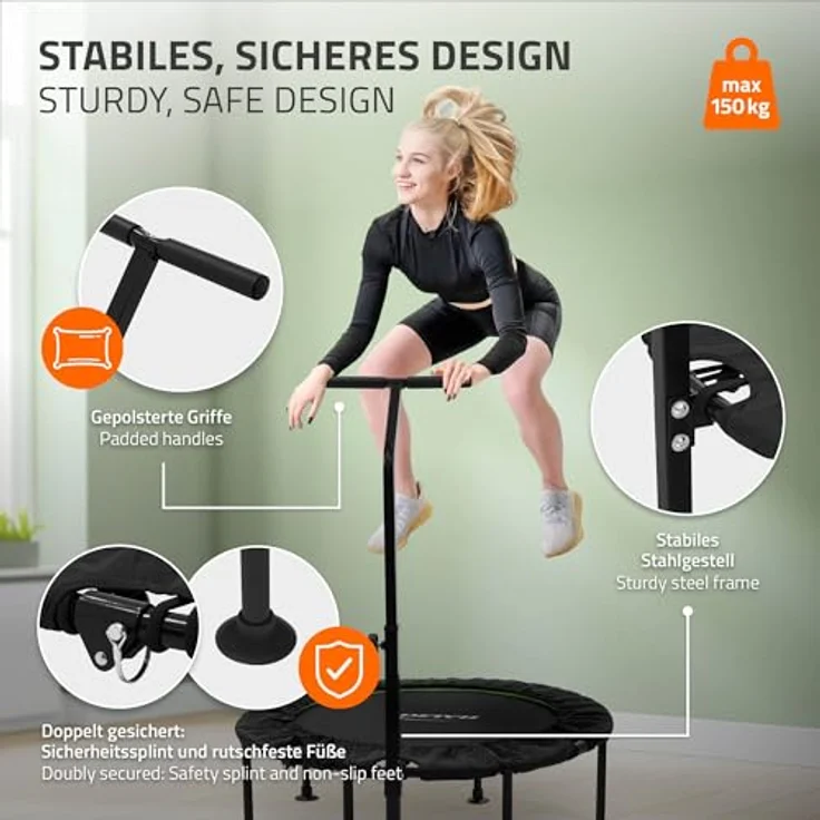 Hauki Fitness Trampolin Indoor Ø102 cm, faltbar in Grün, gelenkschonend mit höhenverstellbarem Haltegriff, leise und robust, bis 150 kg, ideal für Zuhause – Bild 3