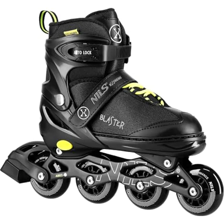 NILS CAMP NILS Extreme Blaster Inline-Skates, Schwarz mit Gelb, Auto-Lock-System, verstellbare Schnallen, gepolsterter Innenschuh