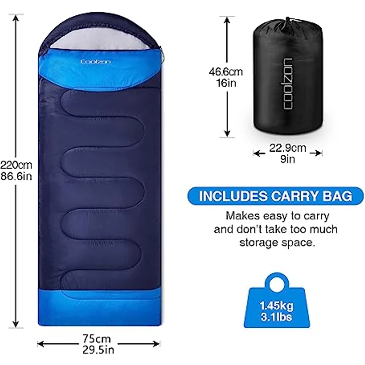 Coolzon Outdoor Schlafsack, 3-4 Jahreszeiten Decke für Erwachsene, ultraleicht mit Kleinem Packmaß, weich und warm, navy – Bild 2