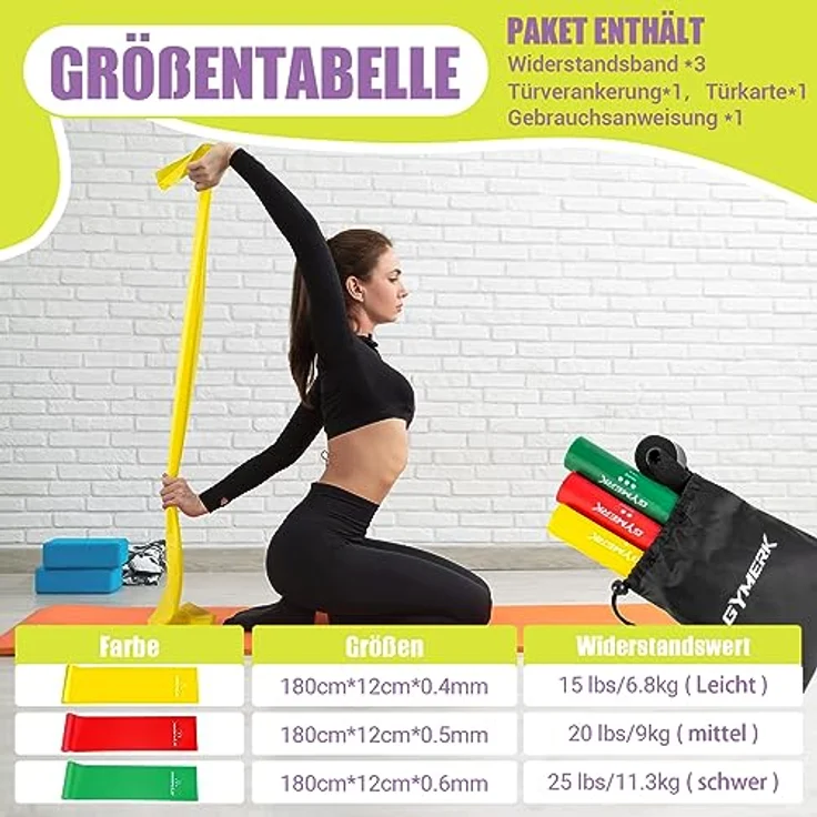 GYMERK Fitnessbänder 3er-Set, 1.8m Widerstandsbänder mit 3 verschiedenen Widerstandsstufen und Übungsanleitung, ideal für Yoga, Pilates und Krafttraining – Bild 2