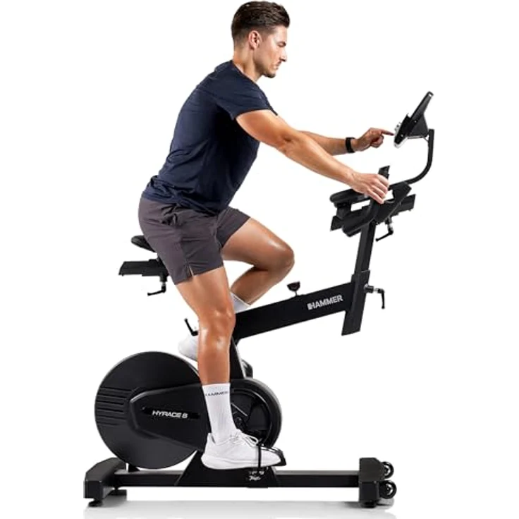 HAMMER Speedbike HyRace S, Indoor Cycle Heimtrainer mit 20 kg Schwungmasse, Bluetooth und Tablet- & Smartphonehalterung, kompatibel mit Kinomap & Zwift, Ergonomisches Race-Design – Bild 5