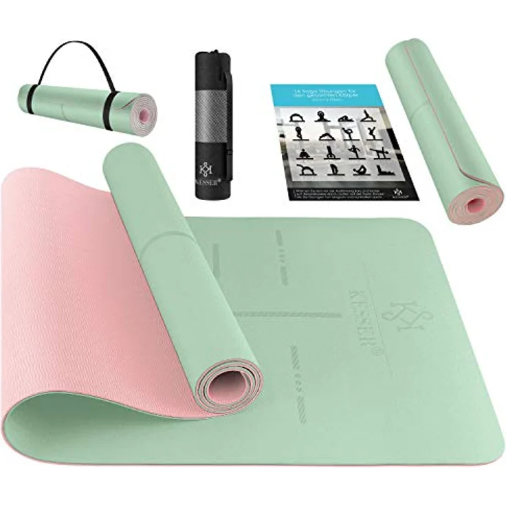 KESSER® Gymnastikmatte mit Tragegurt rutschfest TPE Yogamatte Gepolstert & rutschfest Fitnessmatte, 183 x 61 Trainingsmatte für Fitness Sportmatte, Pilates & Gymnastik Workout extradick (Mint/Rose) – Bild 1