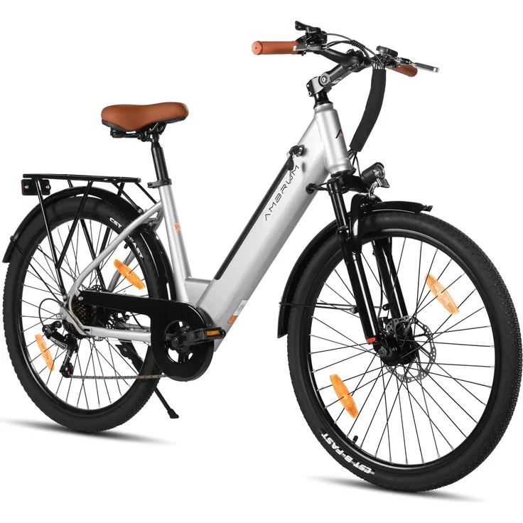 Hiland 26 Zoll 7-Gang Elektrofahrrad, 250W E-Citybike mit 36V 10,4Ah Akku, Frontlicht, grau