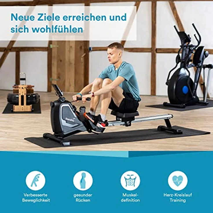 Skandika Rudergerät Venn, Ruderergometer, Tablet-Halterung, Rower mit Multifunktionscomputer, 8 Stufen Widerstandsverstellung, wartungsarm (grau) – Bild 5