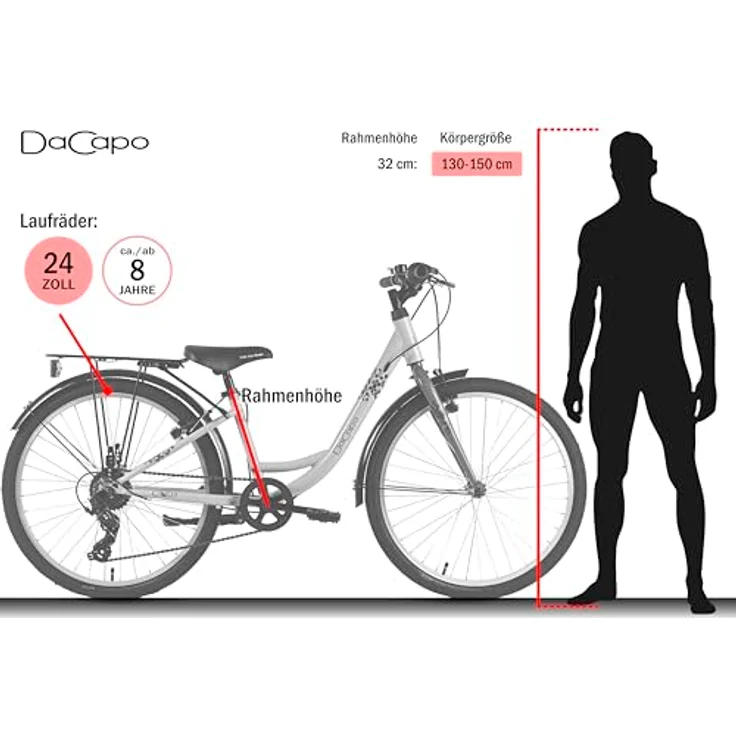 Dacapo CINDY, Kindervelo 24" mit 7-Gang SHIMANO Schaltung, V-Brakes und Gepäckträger, für Körpergrößen 130-150 cm – Bild 3