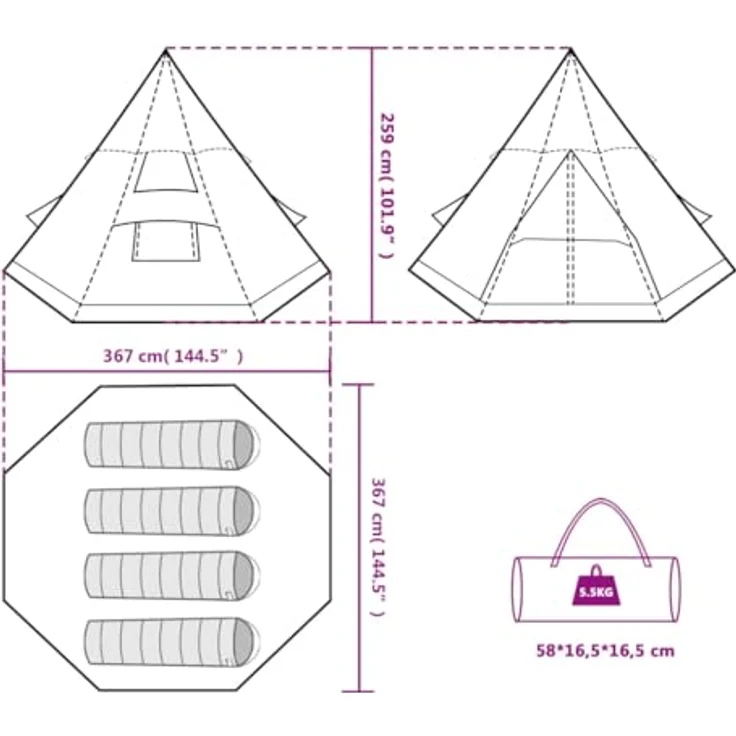 vidaXL Campingzelt, Tipi Zelt für 4 Personen Wasserdicht, Pyramidenzelt Leicht Tragbar, Indianerzelt für Camping Outdoor Wandern, Grün – Bild 3