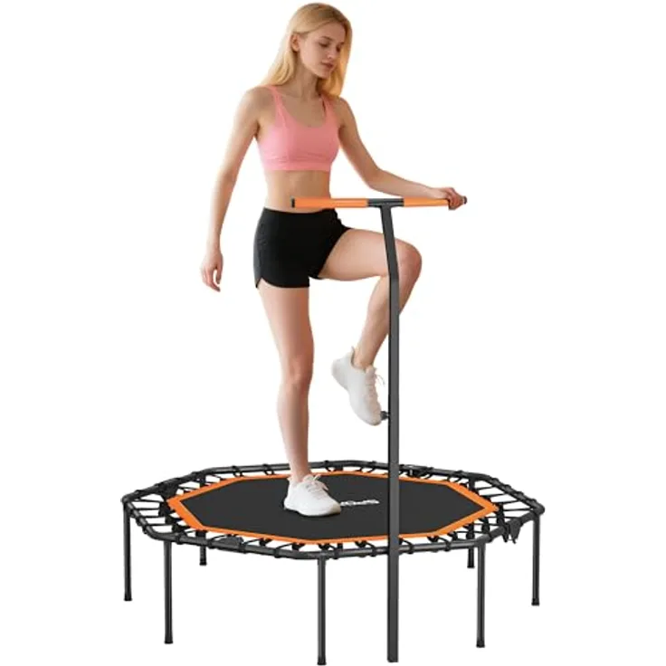 SPORTNOW Fitness Trampolin klappbar Ø128 cm, Mini Trampolin mit 5-stufig höhenverstellbarem Haltegriff und leisen Gummiseilen für Indoor und Outdoor Jumping