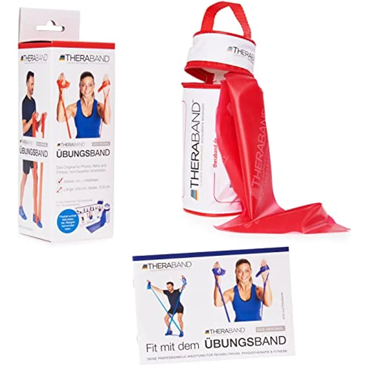 THERABAND Original TheraBand Fitnessband, 2,50 m Widerstandsbandaus Mittel/Rot für Krafttraining, enthalten Tasche und Übungsanleitung – Bild 2