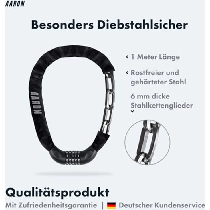 AARON Lock One Fahrradschloss, 5-stelliger Zahlencode Kettenschloss aus gehärtetem Stahl, hohe Sicherheitsstufe, 100 cm lang, schwarz – Bild 2