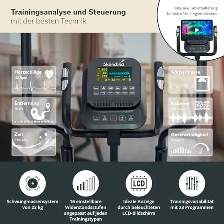 Skandika Crosstrainer Carbon P23 | Ellipsentrainer für Zuhause, klappbar, 23 Programme, App kompatibel, bis 135 kg, 16 Widerstandsstufen | Fitnessgerät für Ausdauertraining – Bild 4
