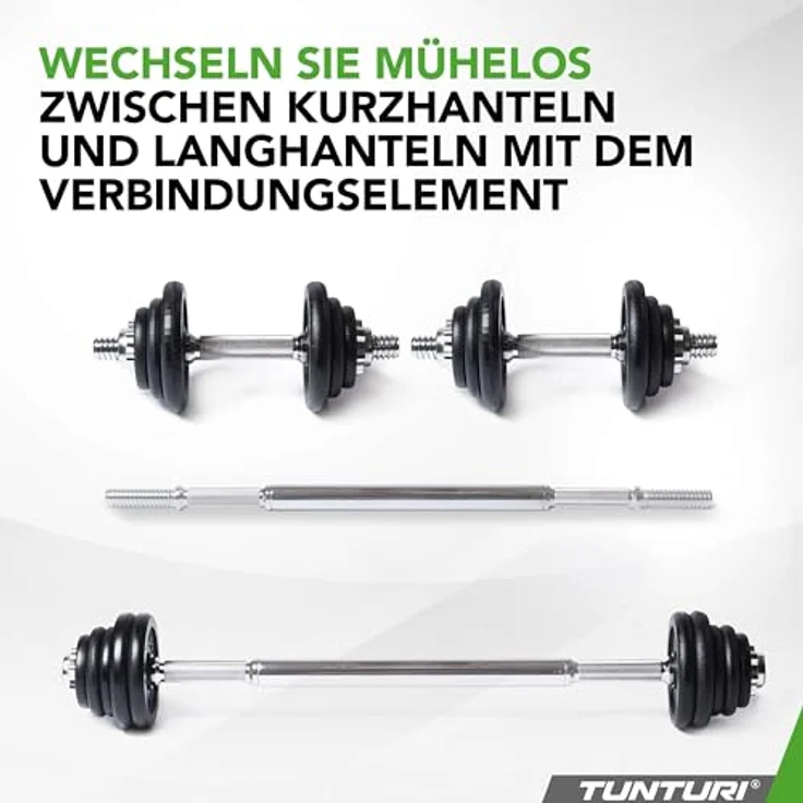 Tunturi Langhantel und Kurzhanteln in 1 - Gusseisen - Set 20 kg - Verstellbare Hantel Set - rutschfester Griff, schwarz – Bild 3