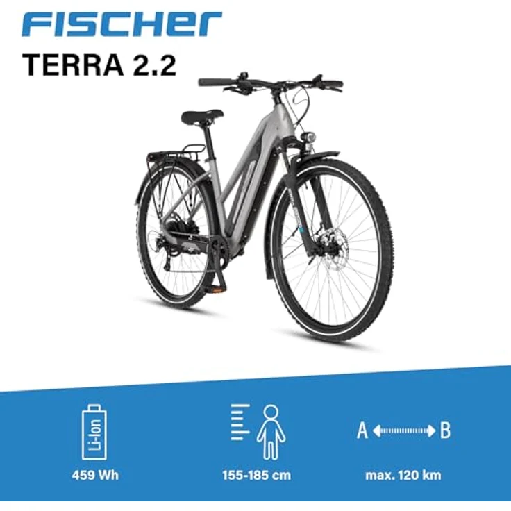 Fischer E-ATB Terra 2.2 Active, Elektrofahrrad für Damen und Herren, RH 45, 459Wh Akku, Heckmotor 50Nm, 8-Gang SHIMANO, 90 Lux Beleuchtung, integriertes Rahmenschloss – Bild 2