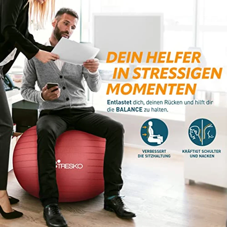 TRESKO Gymnastikball mit GRATIS Übungsposter inkl. Luftpumpe - Yogaball BPA-Frei | Sitzball Büro | Anti-Burst | 300 kg,Rot,75cm (für Körpergröße 175 - 185cm) – Bild 3