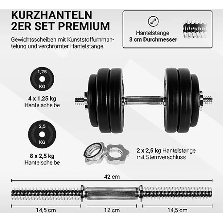 MSPORTS Hantelset Kurzhanteln 2er Set Premium 20 kg oder 30 kg Hantelstange, Hantelscheiben und Sternverschlüsse I Hantelstangen gerändelt 30/31mm Hantel (30 KG) – Bild 2
