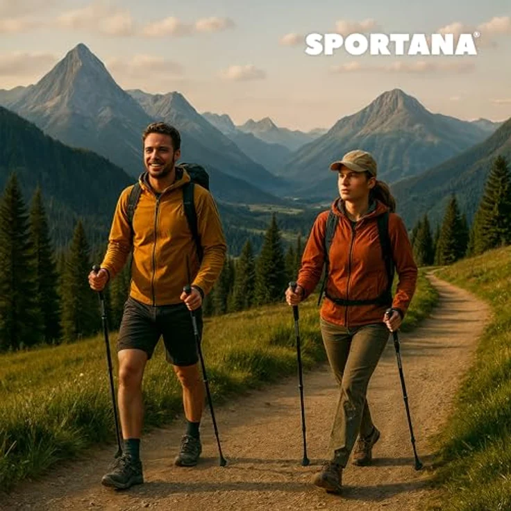 SPORTANA® Teleskop Wanderstöcke, verstellbar 68-135 cm, Aluminium-Duralumin, Anti-Shock-Federung, ergonomische Korkgriffe, rot/orange/grau – Bild 5