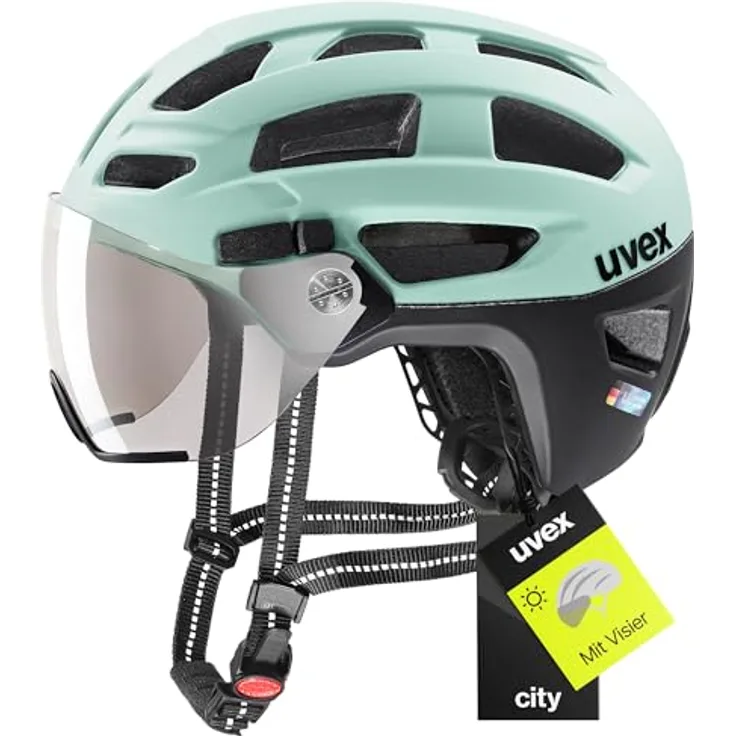 Uvex Finale Helm mit Visier und LED, E-Bike Helm in Jade-Schwarz Matt, 56-61 cm, leichte 330 g, 19 Belüftungsöffnungen, integrierte Sonnenblende