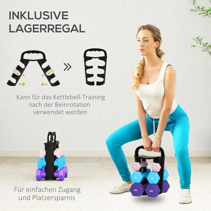 SPORTNOW Hanteln Set 6 Kurzhanteln mit Klappbarem Hantelständer, 2 x 1kg, 2 x 3kg, 2 x 5kg, Hexagon-Design, Rosa-Hellblau-Lila – Bild 4