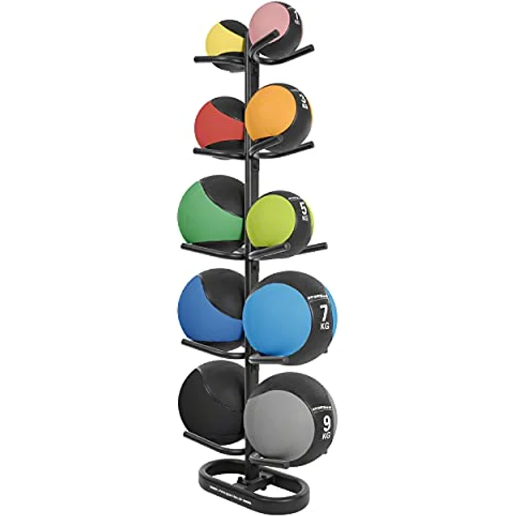 Sport-Tec Medizinball-Set 11-TLG., 1-10 kg inkl. Ständer, hochwertiges Gummi, griffig, vielseitiges Ganzkörpertraining, Schwarz – Bild 1