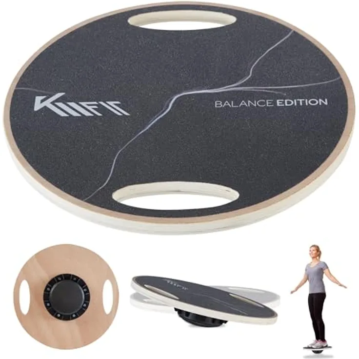KM-Fit Balance Board rund | Therapie-Kreisel aus Holz | Gleichgewichtstrainer mit Handgriffen | Indoorboard, Wackelbrett für Koordinationstraining | Kraft- & Gleichgewichtstrainer