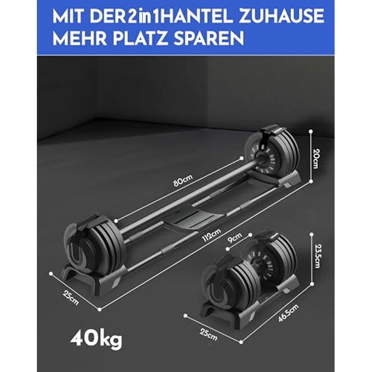 NEOLYMP 3 in 1 Hanteln Set 40kg – Verstellbare Kurzhanteln, Langhantel & Kettlebell mit Gewichten 2-40kg – Platzsparendes Hantelset für Homegym – Bild 2