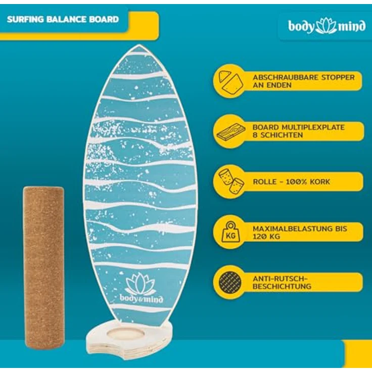 Body & Mind Balance-Board Surfbrett, Wackelbrett für Physiotherapie und Surf-Training, inklusive Korkrolle und gratis E-BOOK (Light Waves) - ideal für Gleichgewicht und Koordination, aus hochwertigem Holz, 78x30 cm – Bild 2