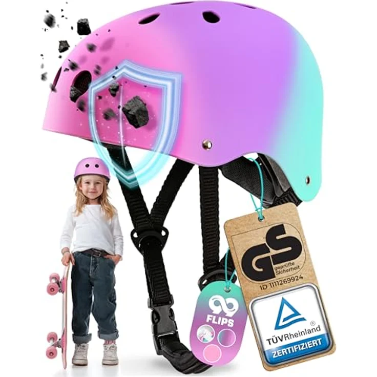 99FLIPS Fahrradhelm Kinder Mädchen, GS Skaterhelm für 3-12 Jahre, pink, TÜV Rheinland zertifiziert – Bild 1
