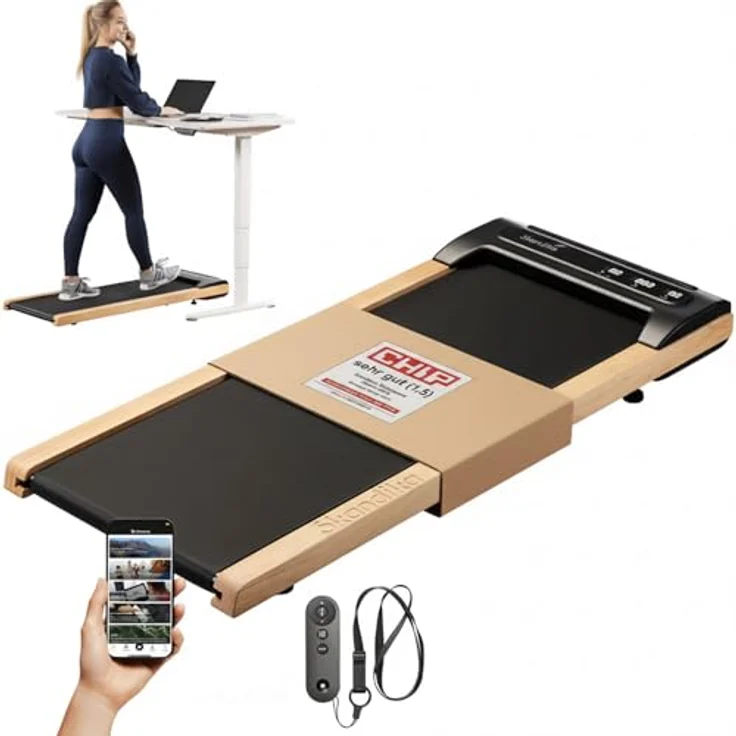 Skandika Walking Pad Nordik K6-H, Laufband für zuhause mit 6 km/h, LED-Display, Fernbedienung und Kinomap, elegantes Design mit Echtholz-Details für Büro und Home Office – Bild 1
