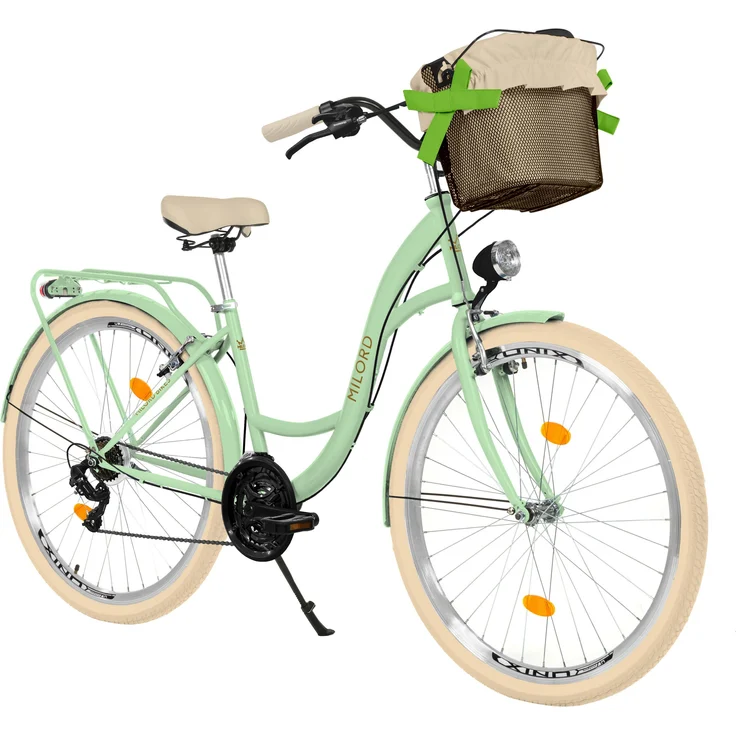 MILORD Damenfahrrad Citybike Komfort, 26 Zoll, 21-Gang, Stahlrahmen, Retro-Design, Grün-Creme