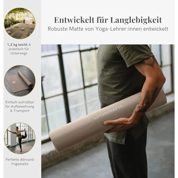 LOTUSCRAFTS® MUDRA Yoga Matte, 5 mm dick, rutschfest, universell einsetzbar, 183 x 60 cm, oeko-tex 100 zertifiziert, leichte Fitnessmatte für Zuhause und Studio – Bild 3