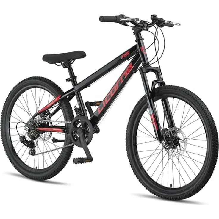 Licorne Bike Thunder Premium Mountainbike, 24 Zoll, Schwarz/Rot, Discbremse, optimierte Kettenschaltung, robustes Design für Alltag und Touren – Bild 1
