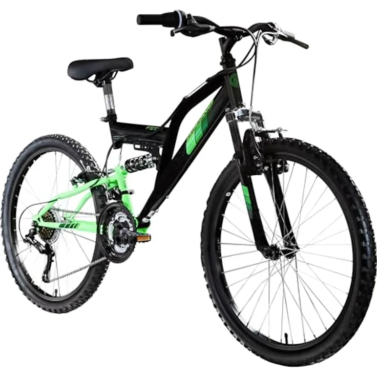 Galano Mountainbike FS240, 18 Gang Shimano Tourney, vollgefederte Kettenschaltung, 24 Zoll für Kids, schwarz/grün, schwarz/rot, schwarz/türkis, geeignet für Körpergröße 130-145 cm