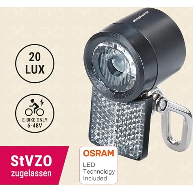Prophete E-Bike Scheinwerfer 20 Lux, LED mit OSRAM-LED, Edelstahl-Halt, Dynamo geeignet, StVZO-konform – Bild 2