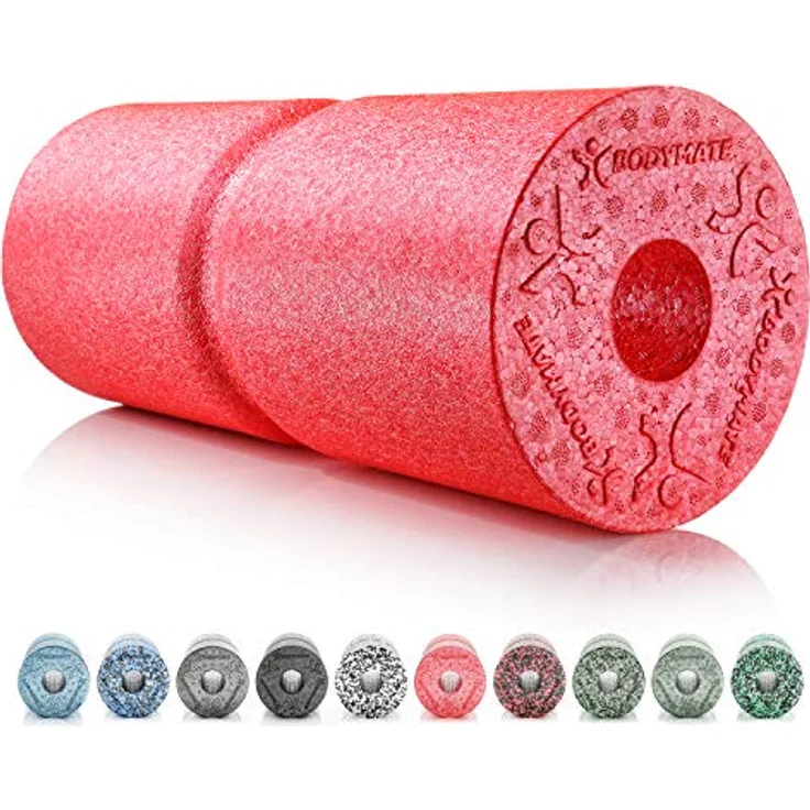 BODYMATE Faszienrolle CARE Mittel-Hart mit umlaufender Rille zur Wirbelsäulen-Entlastung, E-Book inklusive, Pepper-Red, 35x14cm – Bild 1
