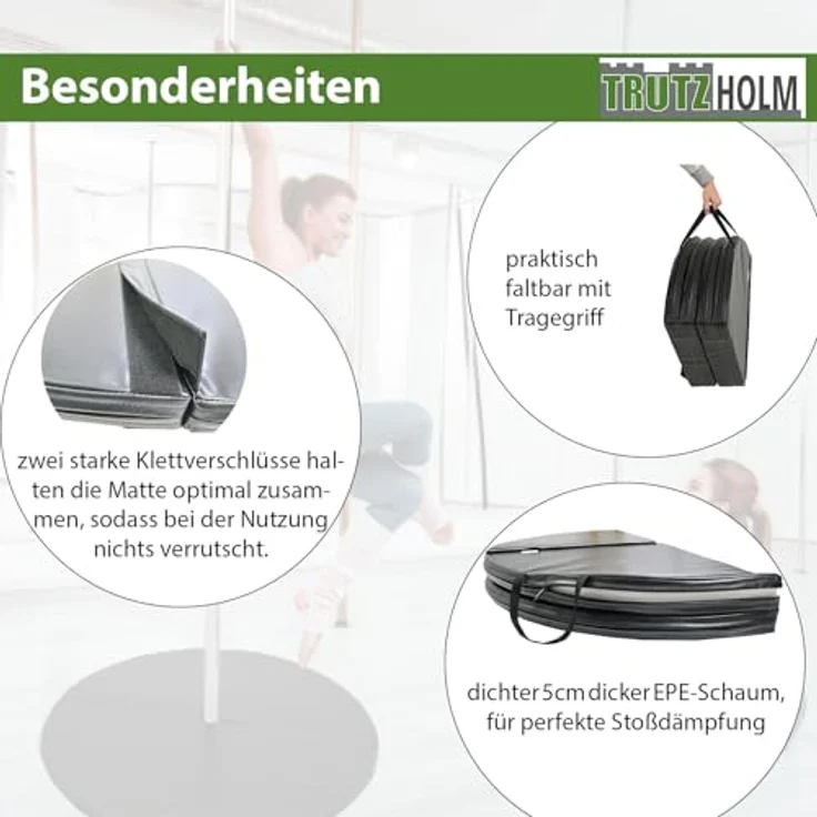 TRUTZHOLM Tanzstangenmatte Ø 120cm, 5 cm dicke Pole Dance Matte aus PU mit EPE Schaum, faltbar und mobil, schwarz – Bild 3