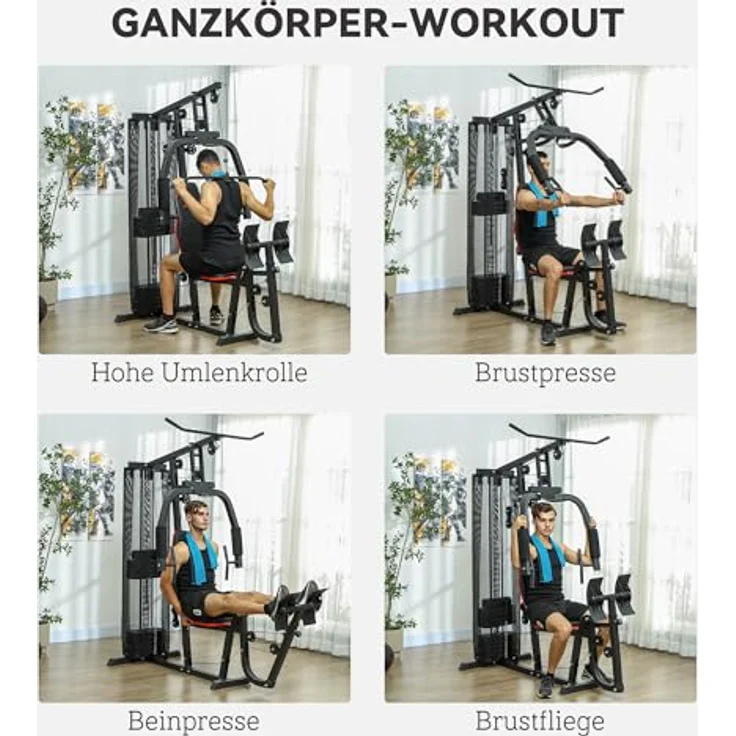 SPORTNOW Kraftstation, Multifunktionale Fitnessstation mit Latzug- & Butterflystange, Beinpresse, 45 kg Gewichtsblöcken, Schwarz – Bild 3