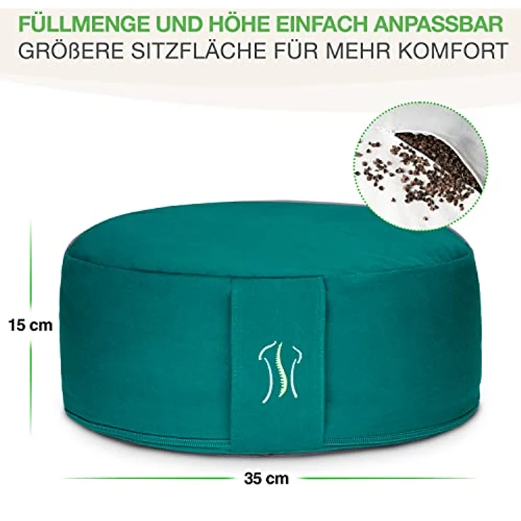 BACKLAxx® Yoga Kissen, Meditationskissen XL 35cm [30% mehr Sitzfläche], 15cm hoch mit Buchweizenfüllung, perfektes Meditation Zubehör, Yogakissen rund inkl. Videokurs - Pouf Sitzkissen Boden – Bild 3