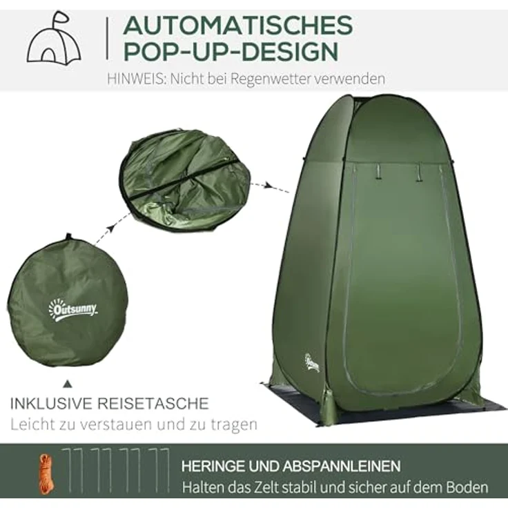 Outsunny Pop up Duschzelt, mobiles Toilettenzelt mit Wetterfesten Paneelen und Tragetasche, Dunkelgrün, 126 x 124 x 189 cm – Bild 4