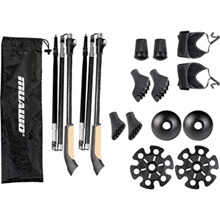 Muawo Premium Nordic Walking Stöcke, faltbar und verstellbar, ultraleicht 249g, 105-135cm Teleskopstange, 67% Carbon, komplett mit 3 Aufsätzen, ideal für Trekking und Walking