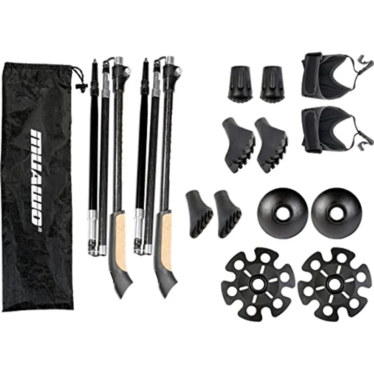 Muawo Premium Nordic Walking Stöcke, faltbar und verstellbar, ultraleicht 249g, 105-135cm Teleskopstange, 67% Carbon, komplett mit 3 Aufsätzen, ideal für Trekking und Walking – Bild 1