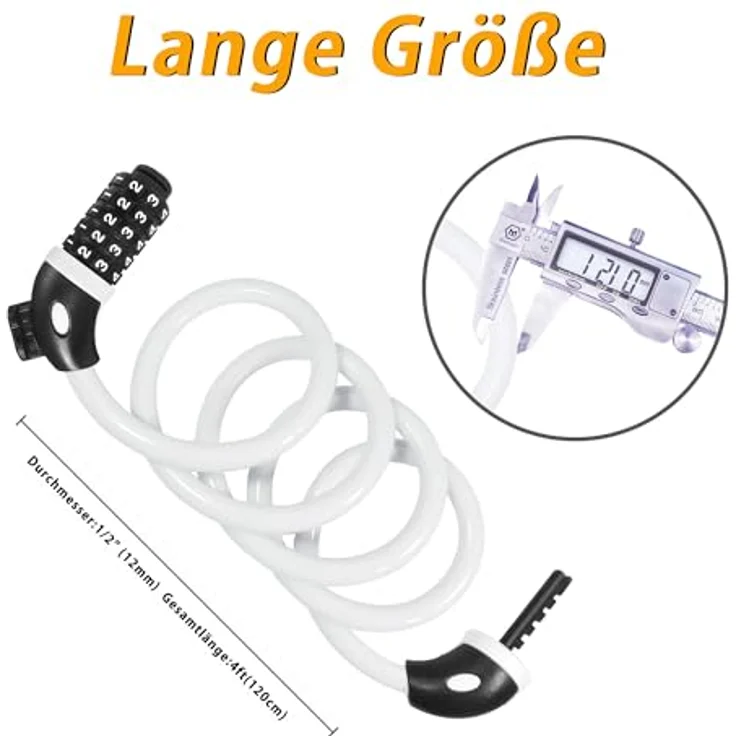REHKITTZ Fahrradschloss 120 cm / 12 mm Kabelschloss, sehr hohe Sicherheitsstufe mit 5-stelligem Zahlencode, inklusive Befestigungsbügel, weiß – Bild 3