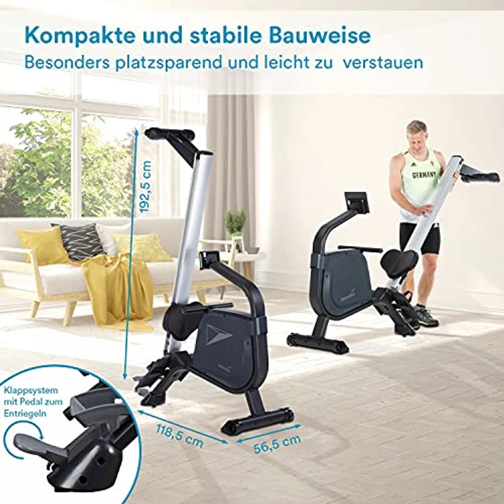 Skandika Rudergerät Njord | Ruderergometer mit 16 Stufen, klappbar, Studioqualität, 8 kg Schwungmassensystem, max. 180 kg, Lange Laufschiene, Kinomap, Bluetooth, | Fitnessgerät für Zuhause – Bild 5